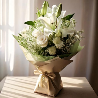 Evelyn - A fabulous collection of white and cream flowers make this the perfect gift. This bouquet will be hand delivered by the local florist.