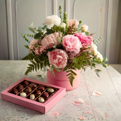 Mother's Day Treasure - The perfect combination, a beautiful fresh flower arrangement in a pretty pink tin delivered with a box of handmade Irish chocolates.  Seasonal selection artfully arranged by our experienced florists.

Hand delivered with gift card, flower food, and care instructions.

Order online or ring 021 428 7404.